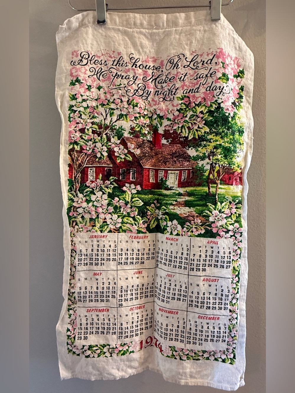 Floral 1974 Calendar Kitchen Towel with Country Cottage Scene
